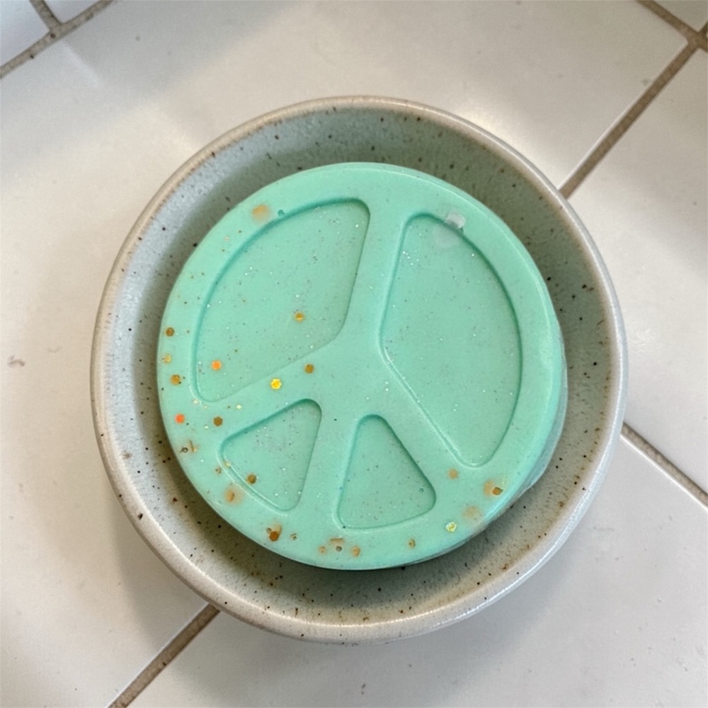 Rosemary Soap glittery handmade 3x3in 8oz peace sign shea butter based